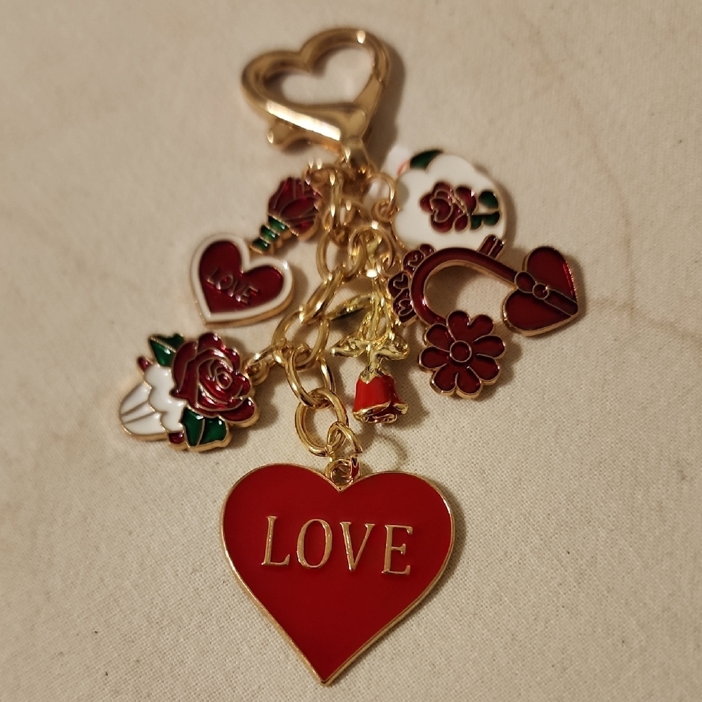 Gold and Red Heart Charm Keychain